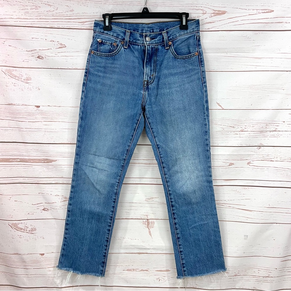 Levi's High Rise Raw Hem Straight Kick Flare Crop Jeans Sea Of Thyme Medium Blue